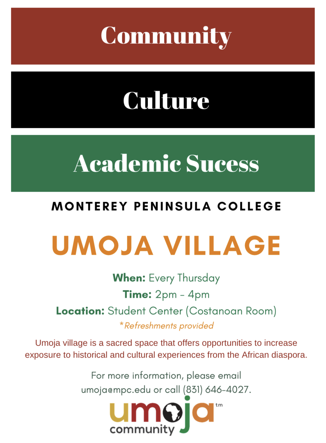 Flyer Promoting the weekly Umoja Village