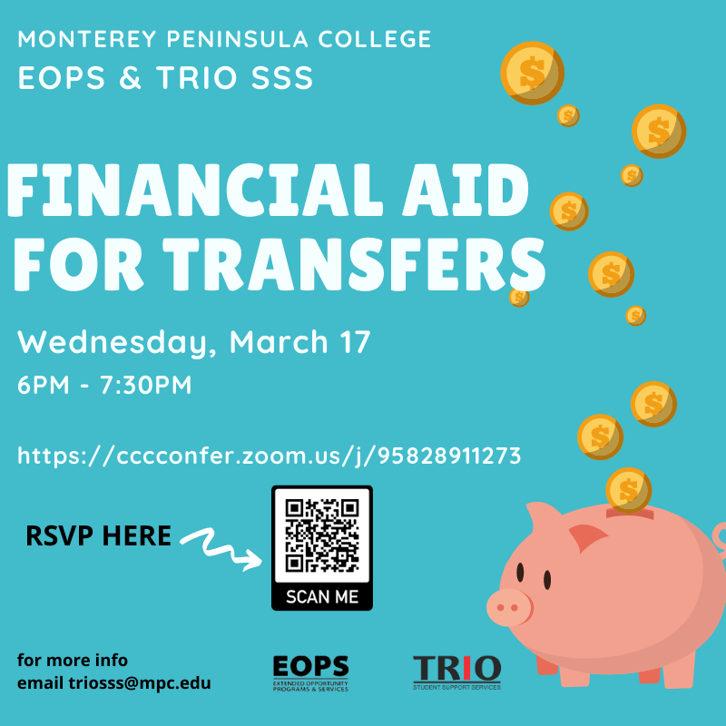 Image of the flyer for the EOPS and TRIO SSS Workshop on financial aid for transfers