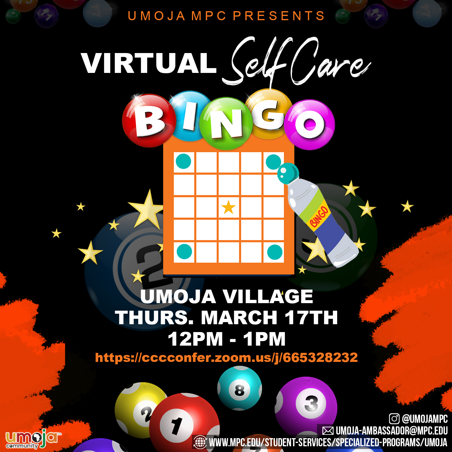 Flyer for the 3/17/2022 Virtual Umoja Village - Virtual Self Care BINGO