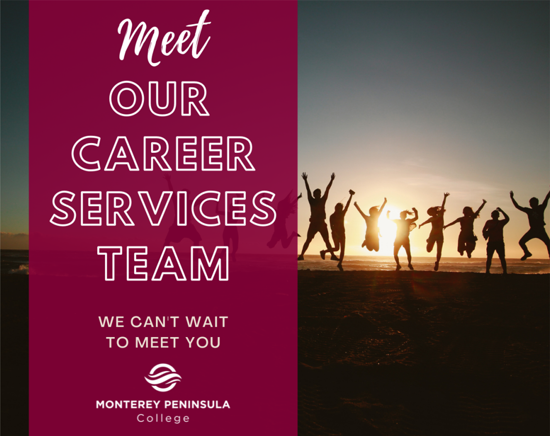 Image that says "Meet our Team, has a group up people jumping in shadow and in front of a sunset.  This links to a page that introduces the Career Services Team.