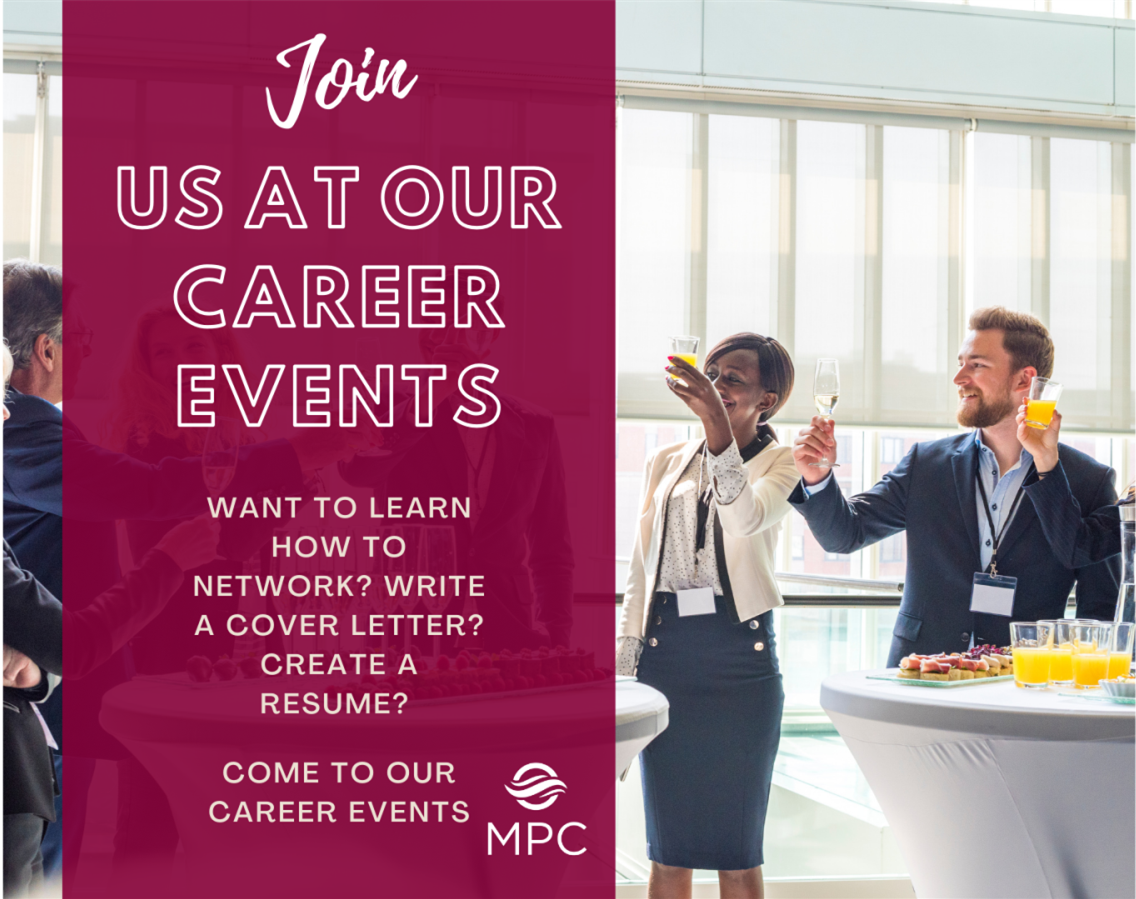 Image that says "Join us at our career events" and has pictures of people toasting during an event.  This image links to the Career Services Calendar of Events.