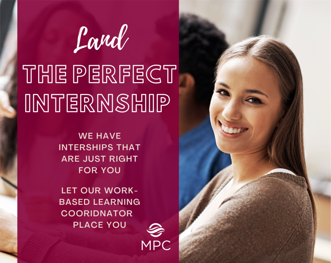 Image that says "Land the internship" and shows a woman smiling at the camera.  This links to the information page on internships.