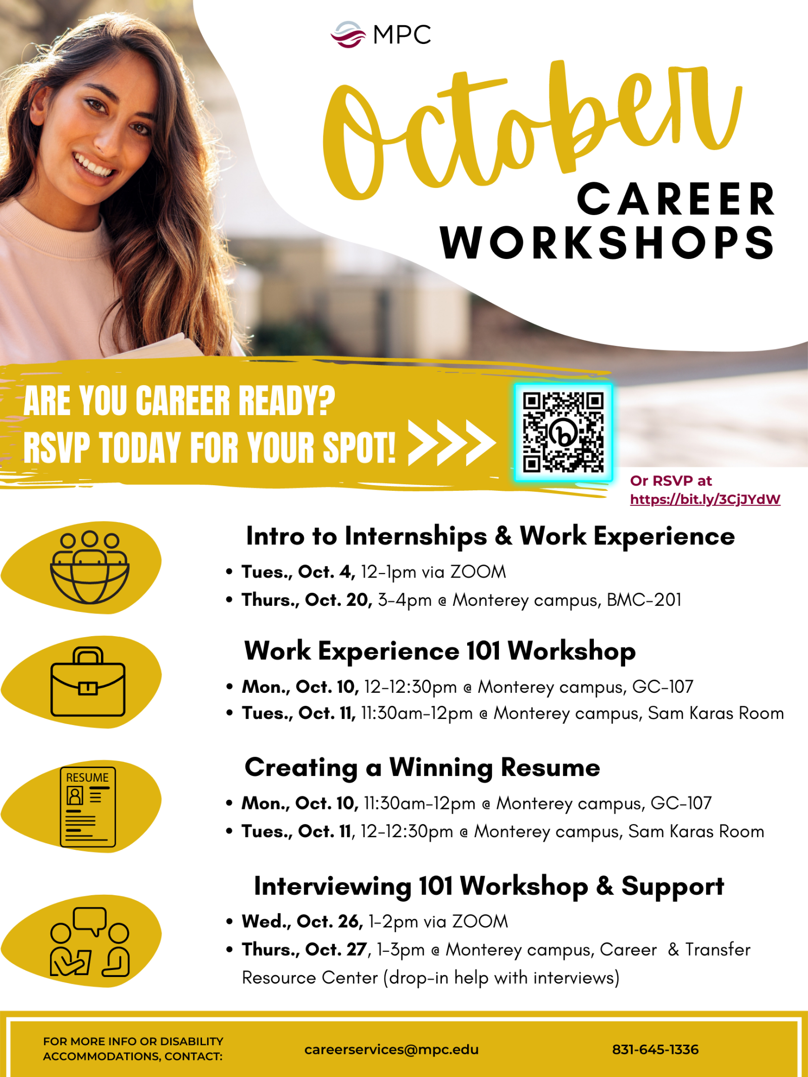 Gold and white colored  flyer with a smiling woman on it that lists the dates and times for the October 2022 Career Services Workshops