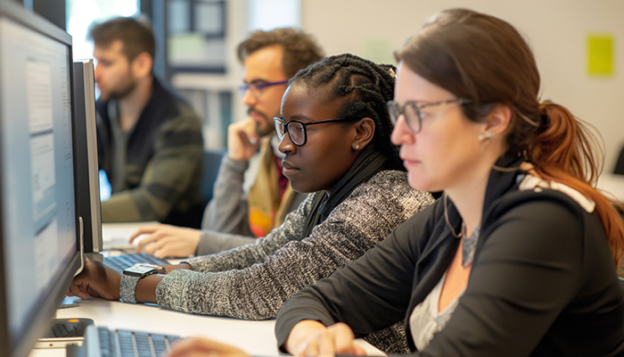 Students review code during class on computer workstation