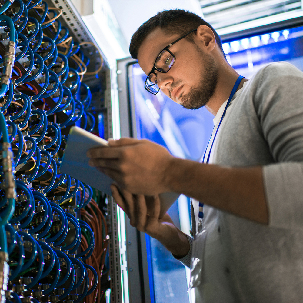 Student working on a server