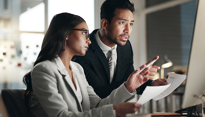 Co-workers discuss new software platform at work