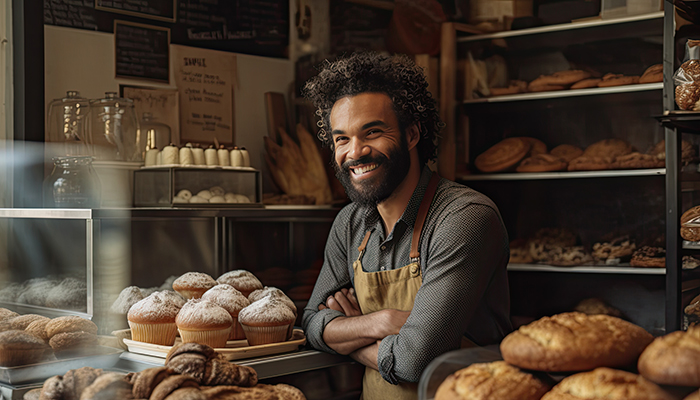 Confident business owner poses with well-stocked bakery