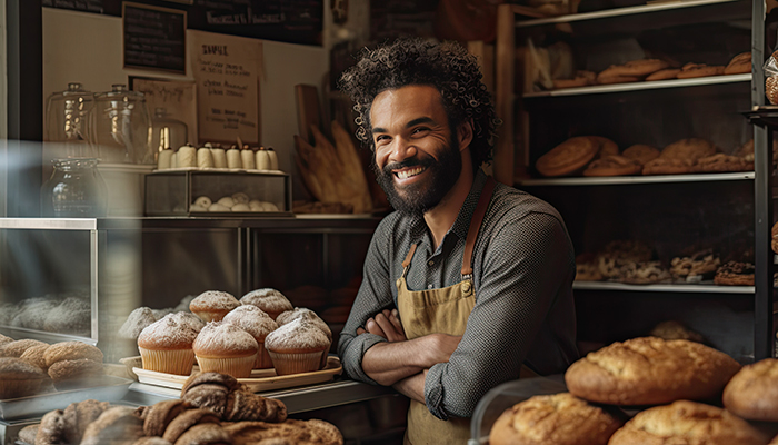 Male bakery owner exuding pride and confidence