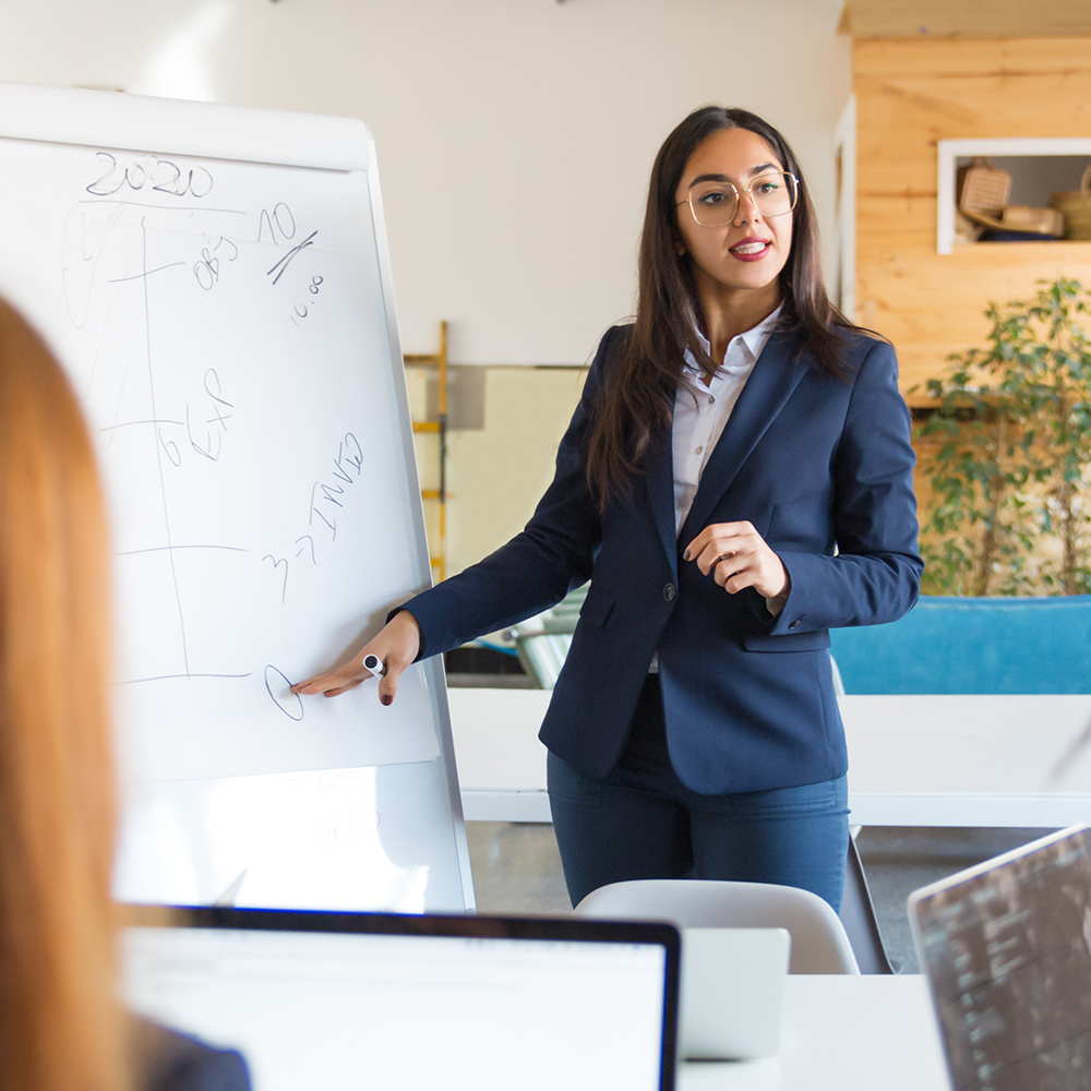 Business woman conducts presentation at a meeting