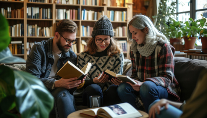 Students reading great literature together in a library