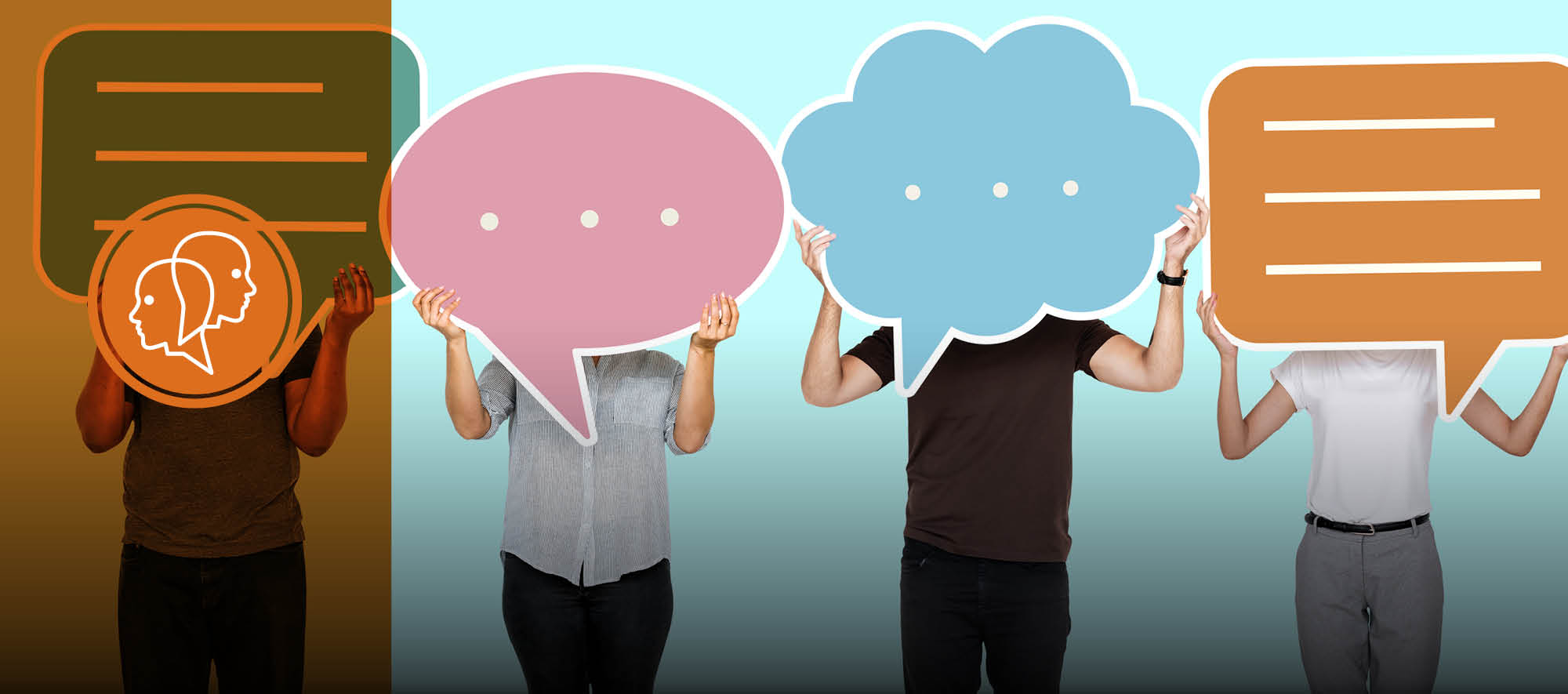 people holding speech bubbles