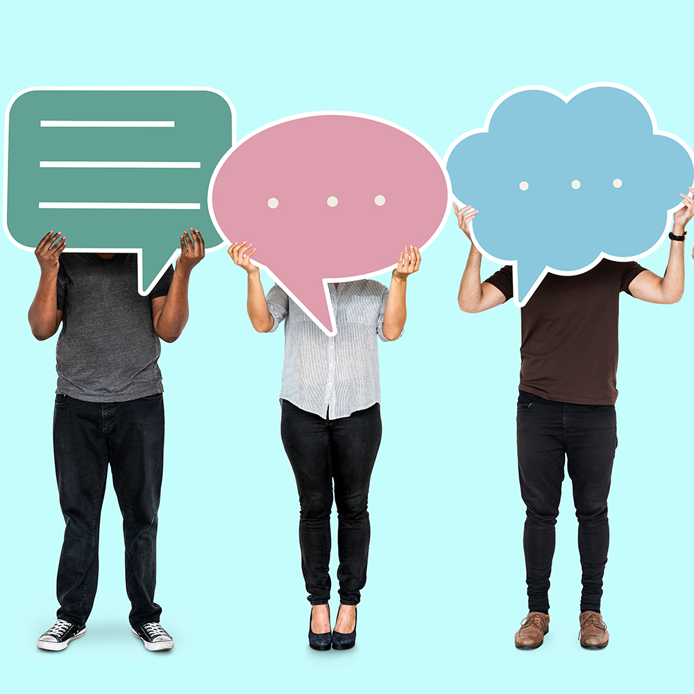 People holding speech bubbles