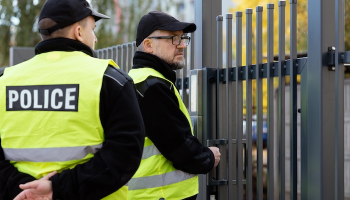 Two Police Officers in Uniform Entering Security Gate