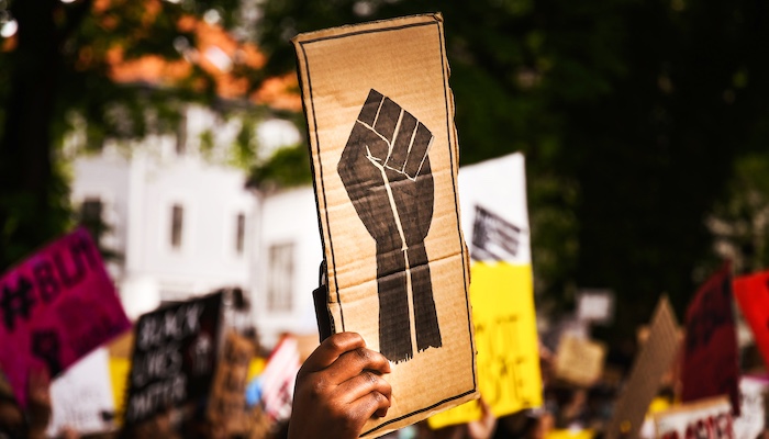 Person Holding Up Sign with Fist During Protest