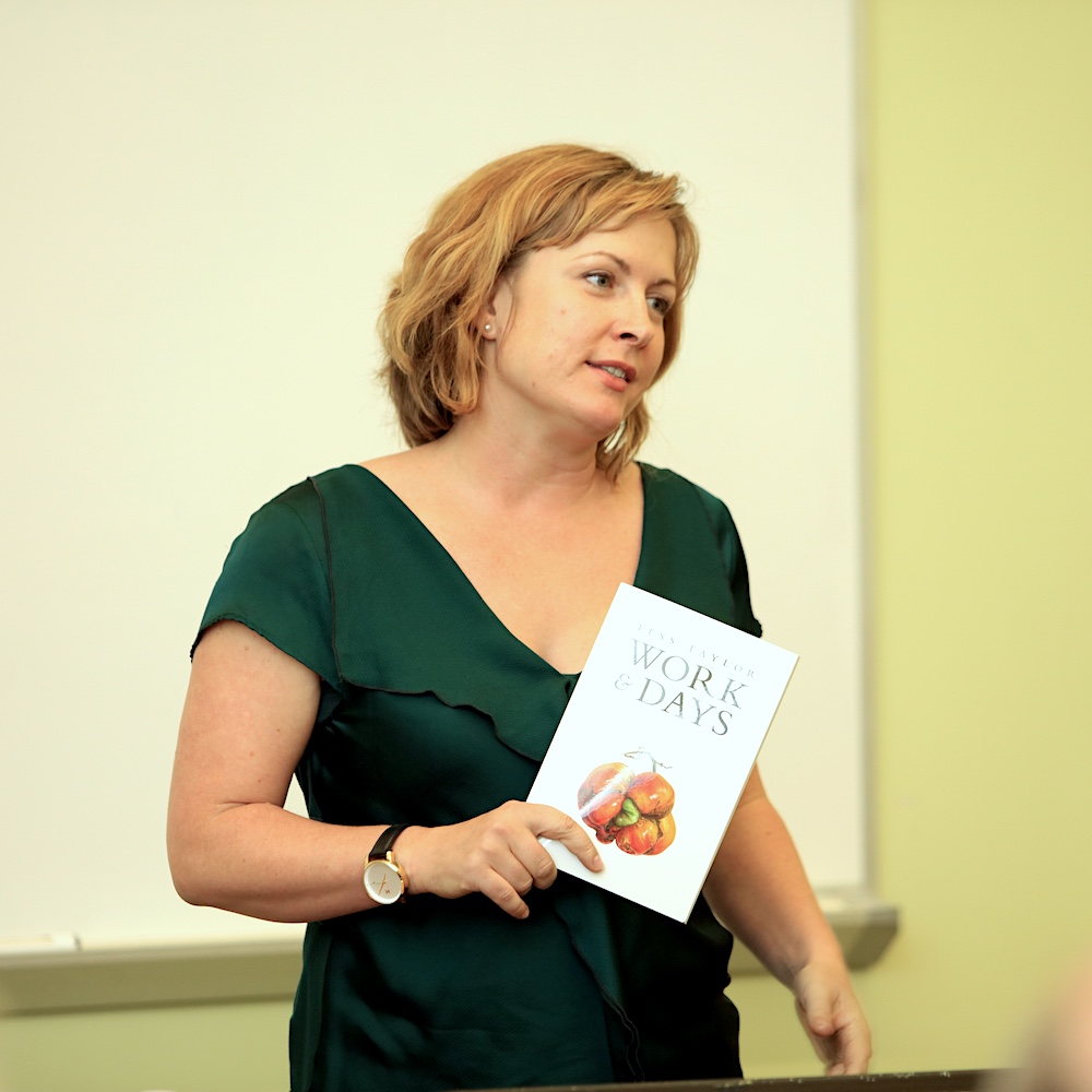 Guest Author Tess Taylor Speaking with Her Book in Hand